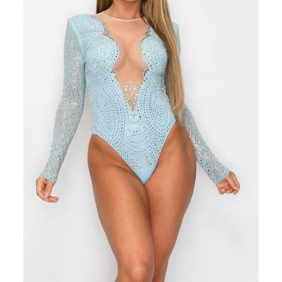 BELLE D'AMOUR Tops - NEW BELLE D'AMOUR diva jeweled bodysuit in baby blue